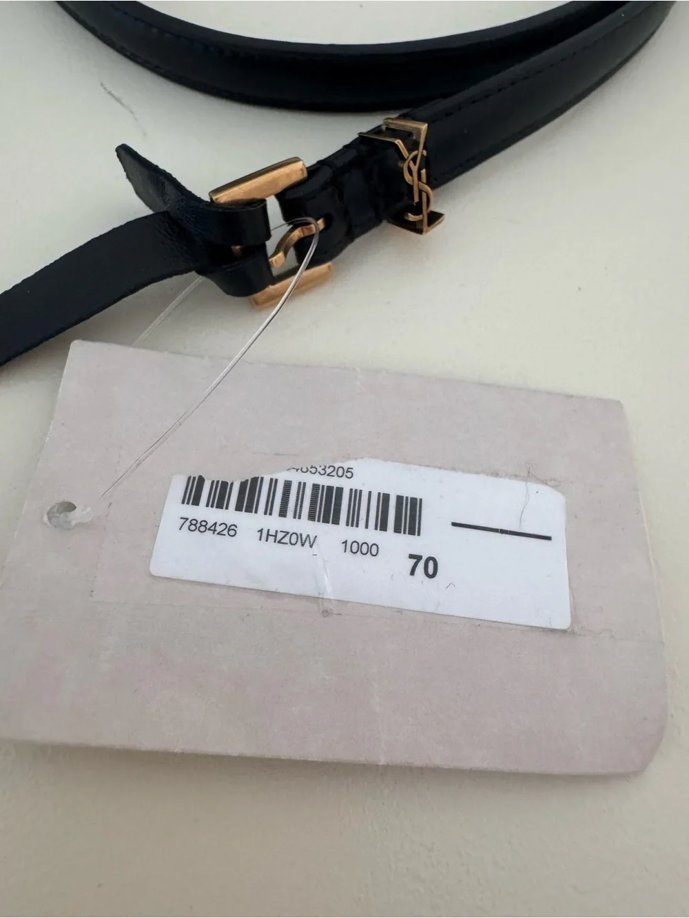 Saint Laurent Black Leather Logo Skinny Belt with Gold Hardware